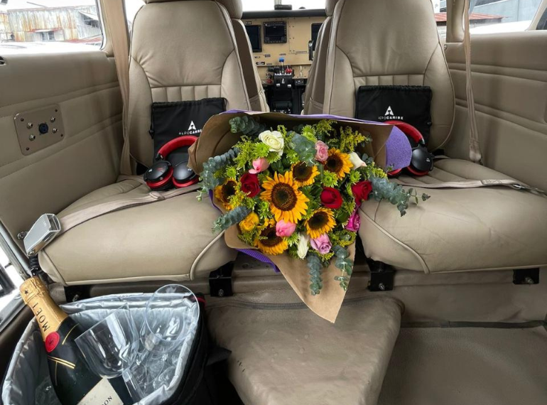 Luxurious Aerocaribe private plane interior featuring flowers and champagne for personalized VIP travel experience in Costa Rica.