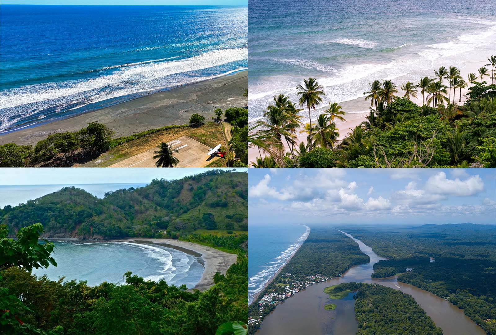 Aerial view of a remote white-sand beach in Costa Rica framed by jungle and Pacific waves — Aerocaribe private charter flight