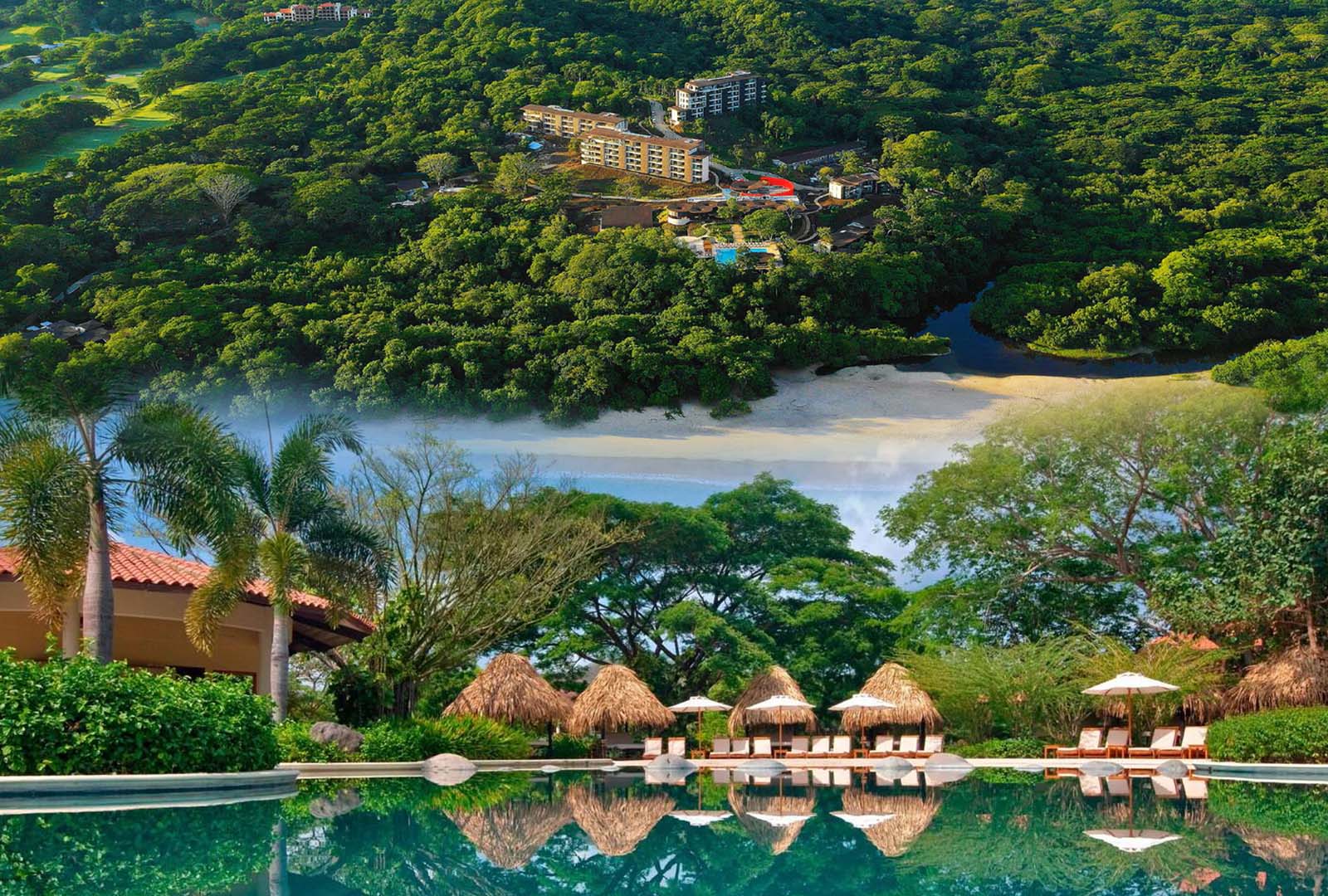 Aerial view of Peninsula Papagayo Costa Rica luxury resorts and Pacific Ocean